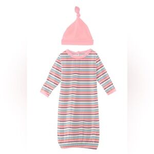 NEW - Print Layette Gown & Single Knot Hat Set. Newborn. Spring Bloom Stripe